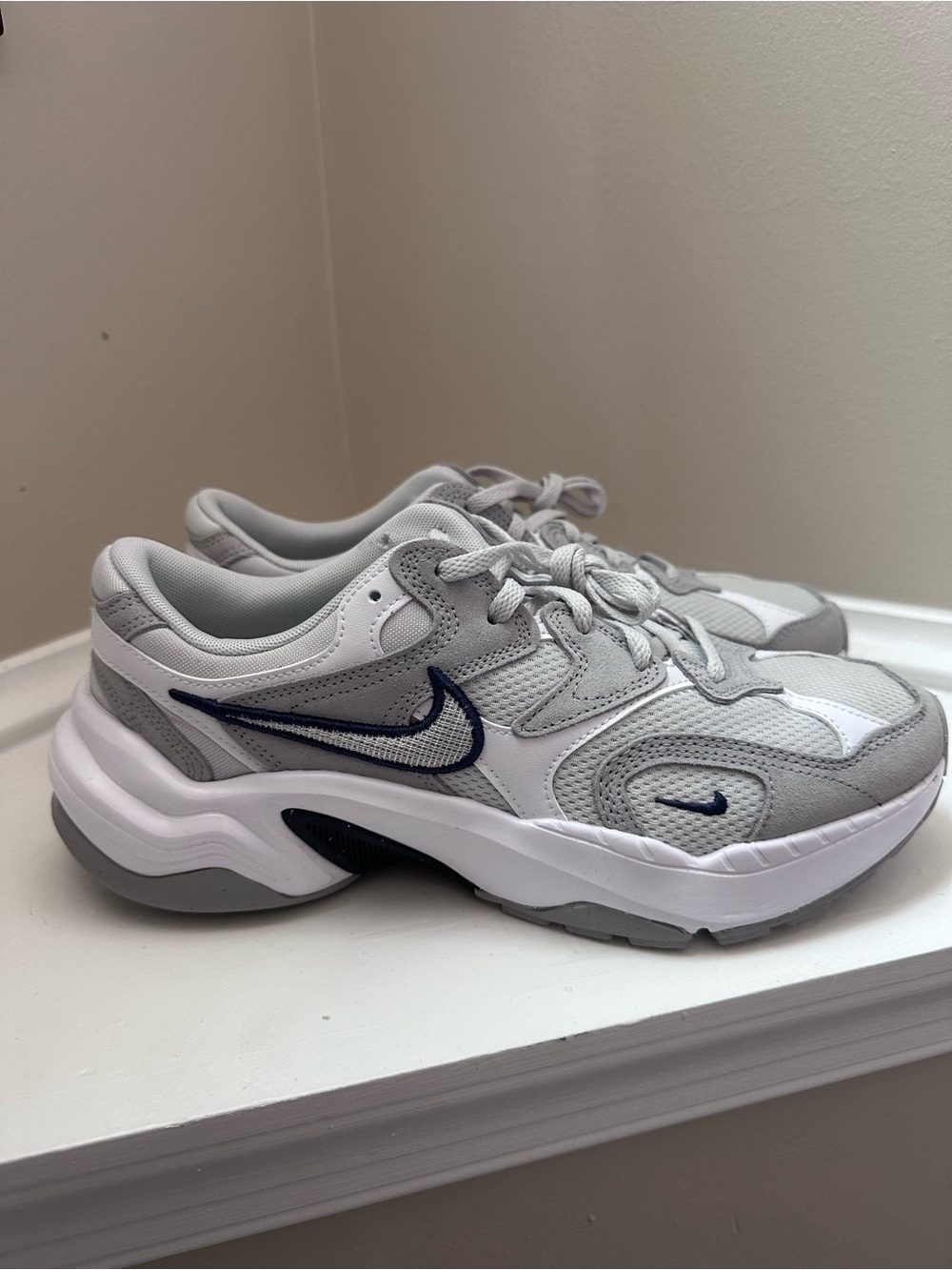 Nike White and Grey Low-Top Mesh Sneakers with Navy Swoosh